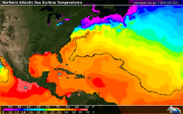 Note the red circle of warm water centered over the eastern Caribbean where St. Kitts & Nevis is located. Note the red circle of warm water centered over the eastern Caribbean where St. Kitts & Nevis is located.